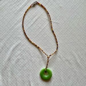 Handmade Jade Pendant Necklace with Brown Glass Beads